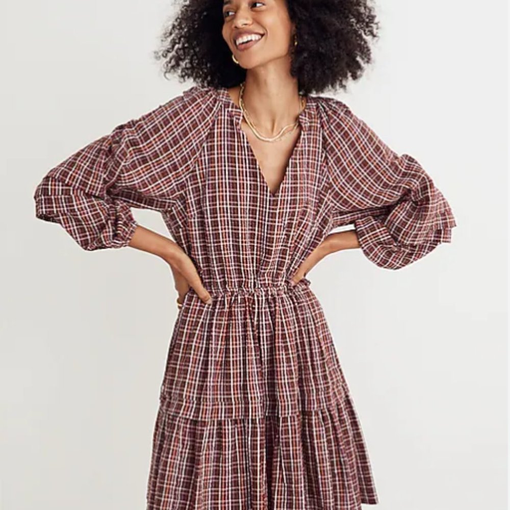 NWT Madewell Seersucker Wrap Mini Dress Dark Red Tartan Merlot XS